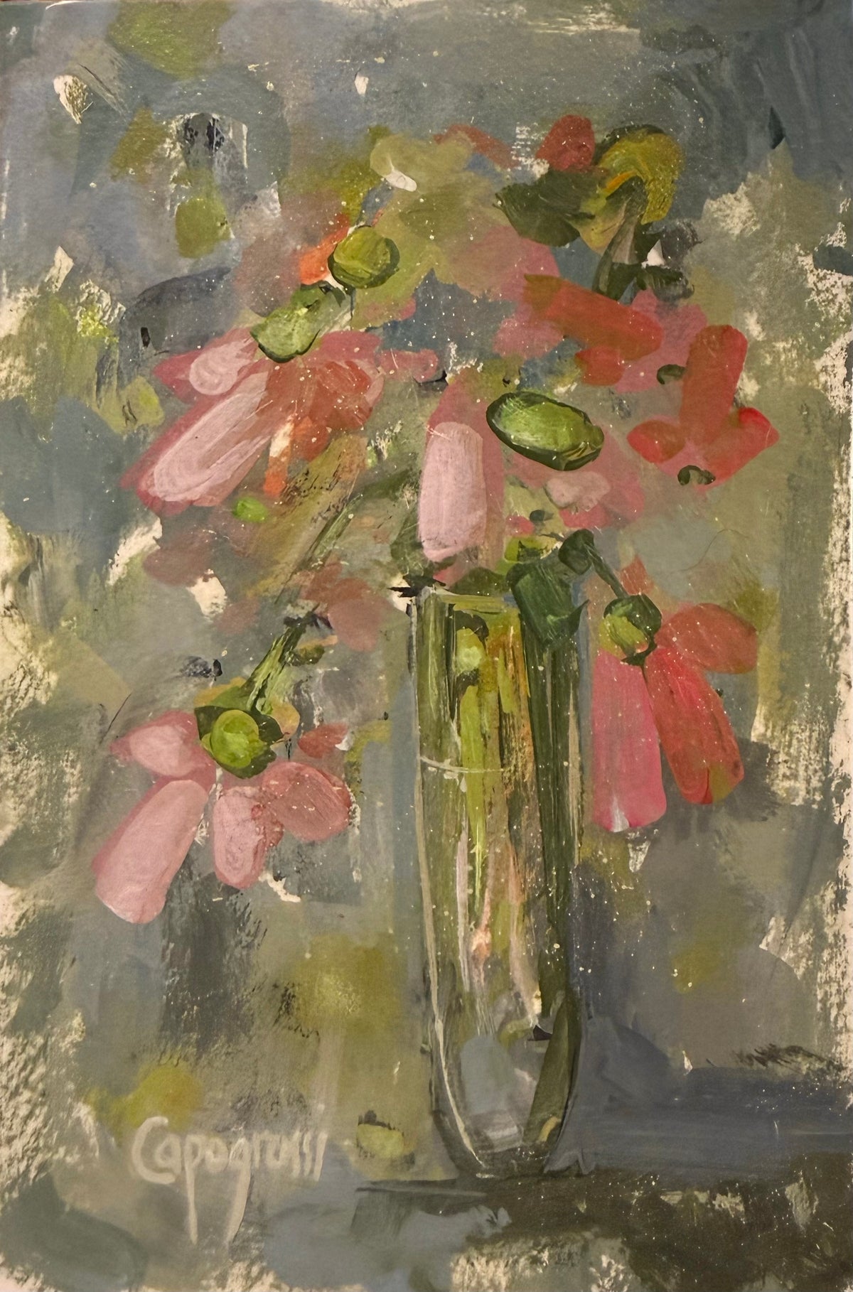 Fresh Pickings, original 4 x 6 inch acrylic floral still life on 300 lb. paper by Beth Capogrossi, featuring loose pink and coral flowers in a glass vase against a muted gray-green background.