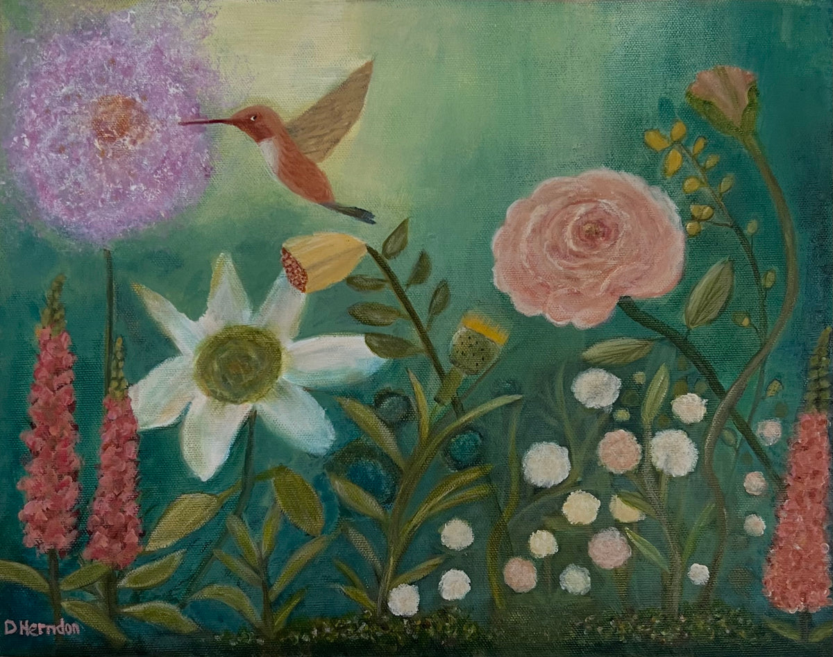 Hummingbird Dreams, original acrylic painting by Deborah Herndon, featuring a coral hummingbird among lavender, pink, and white flowers against a lush teal and green background on an 11 x 14 inch canvas.
