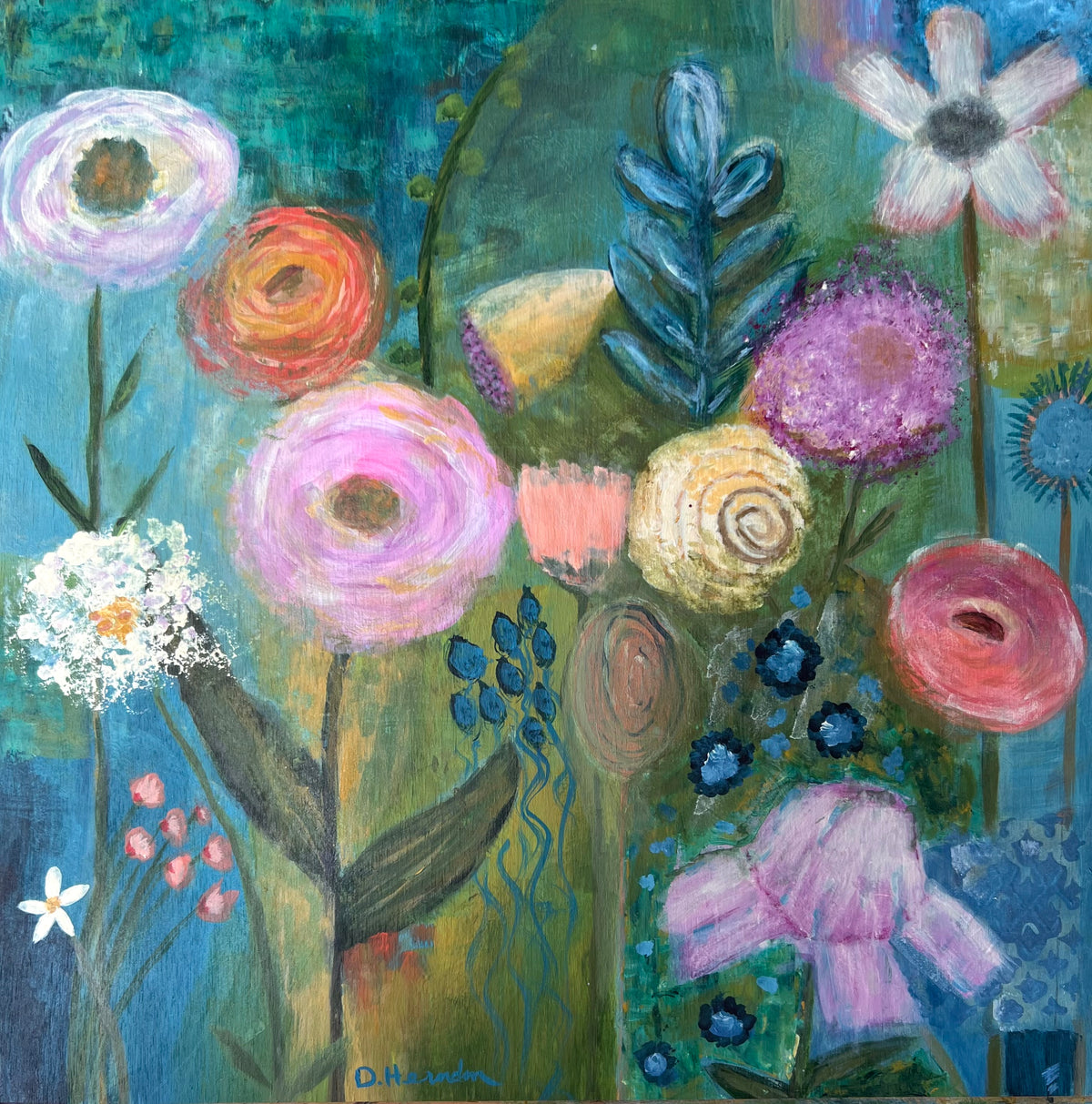 Garden Memories — Original Acrylic Painting by Deborah Herndon — 12” x 12”