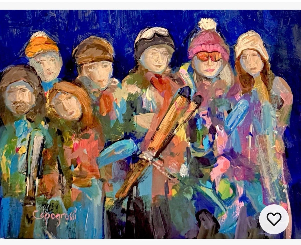 APRÈS SKI, original acrylic painting by Beth Capogrossi featuring a colorful group of skiers in winter hats holding skis against a deep cobalt blue background.